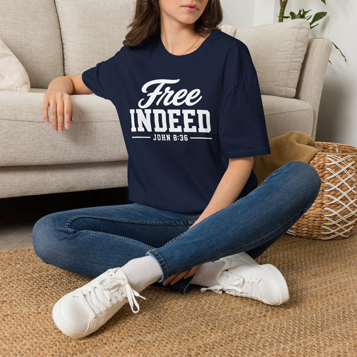 "Free Indeed" John 8:36 T-Shirt — Christian Faith Tee (Gildan 64000)