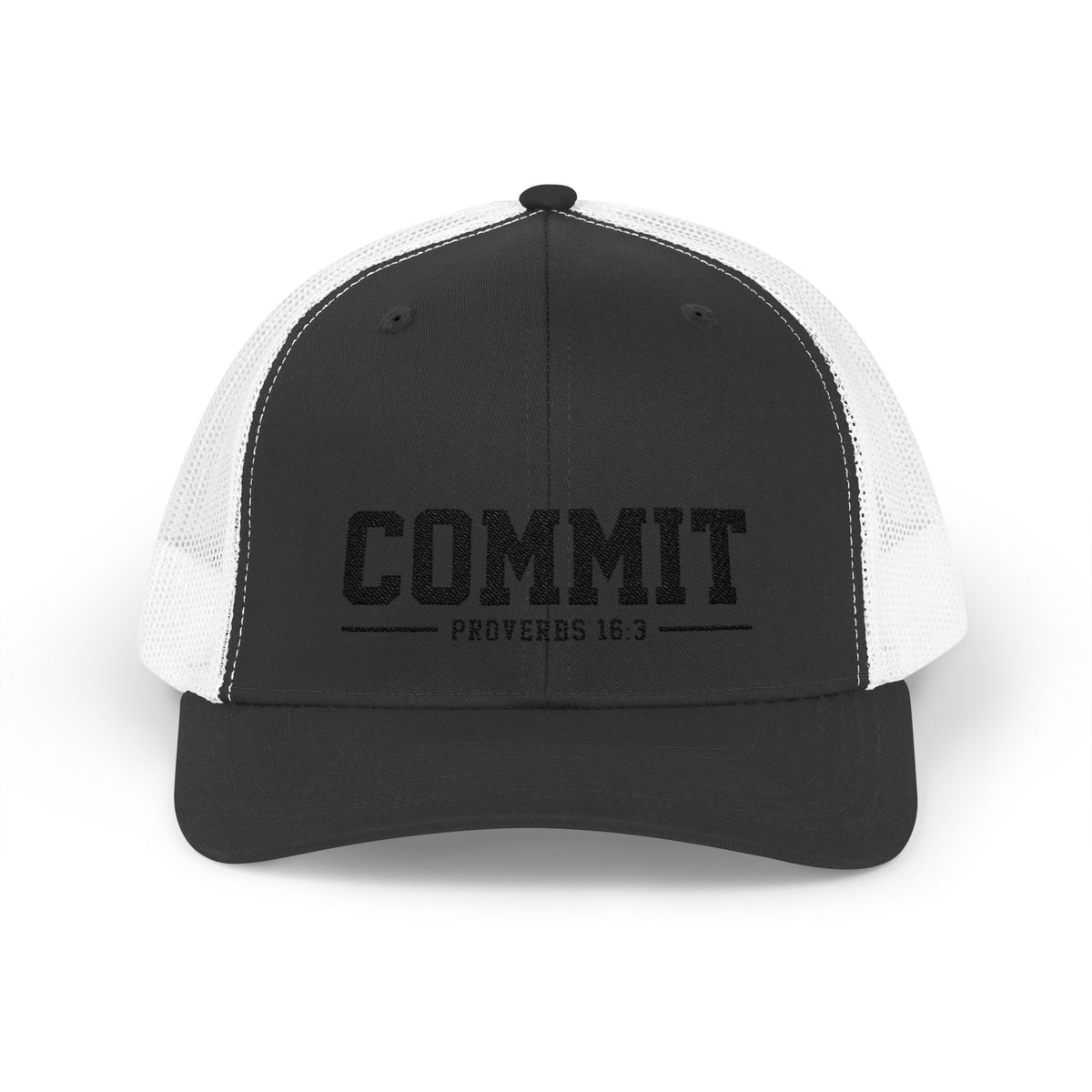 Snapback Trucker Cap — "COMMIT" Proverbs 16:3 Embroidered Christian Hat