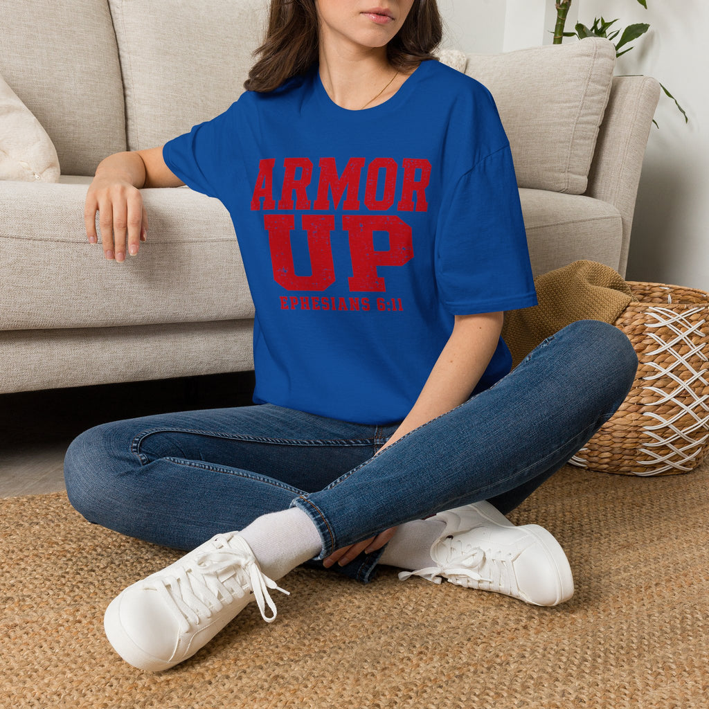"Armor Up" Ephesians 6:11 T-Shirt — (Gildan 64000) Red Letters