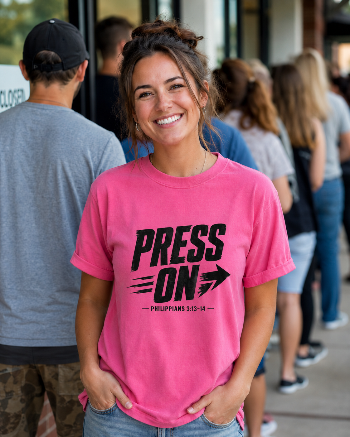 "PRESS ON" Philippians 3:13–14  — Casual bright colored Graphic Tee (Comfort Colors)