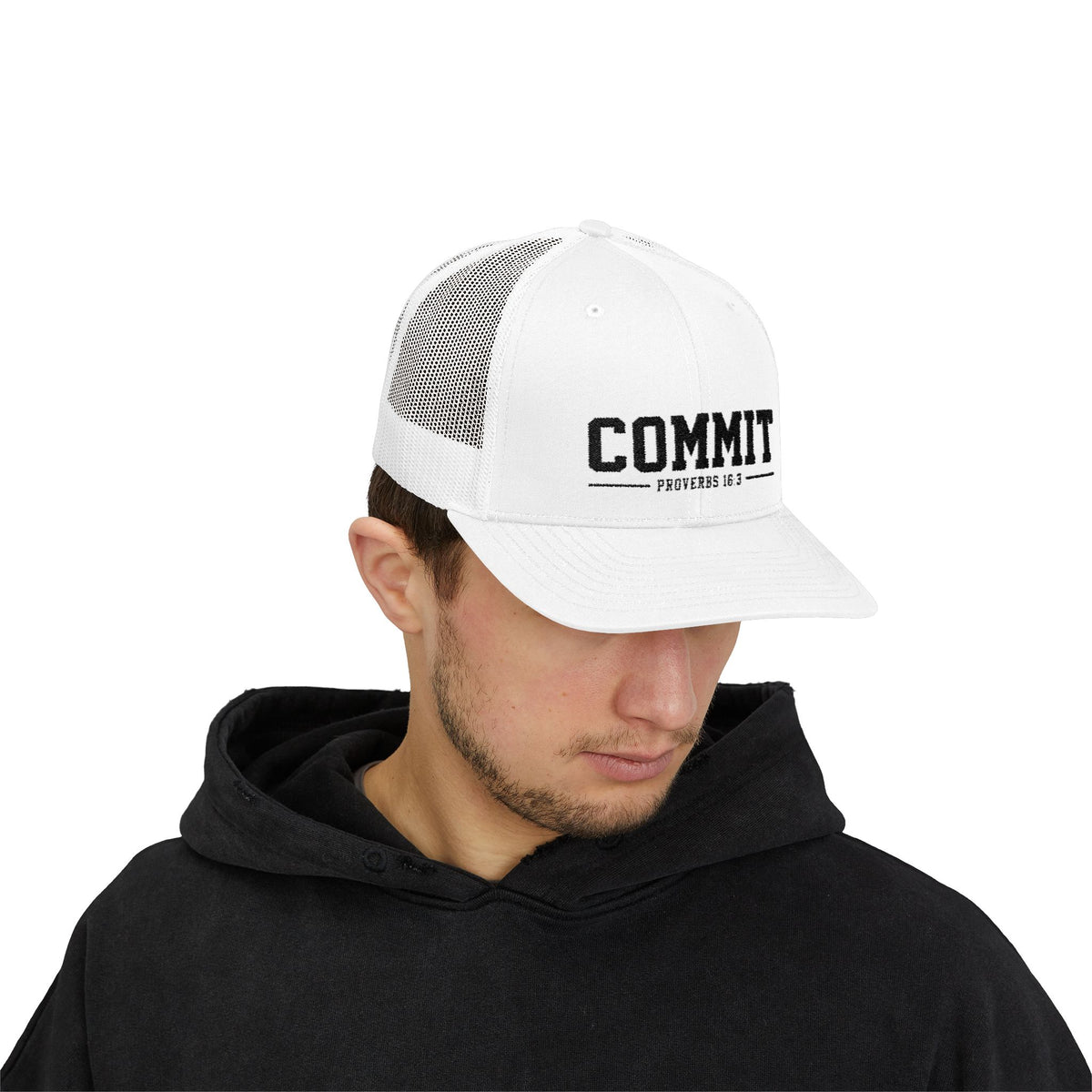 Snapback Trucker Cap — "COMMIT" Proverbs 16:3 Embroidered Christian Hat