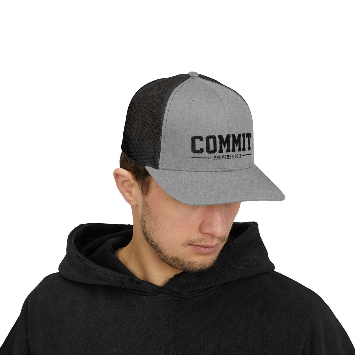 Snapback Trucker Cap — "COMMIT" Proverbs 16:3 Embroidered Christian Hat