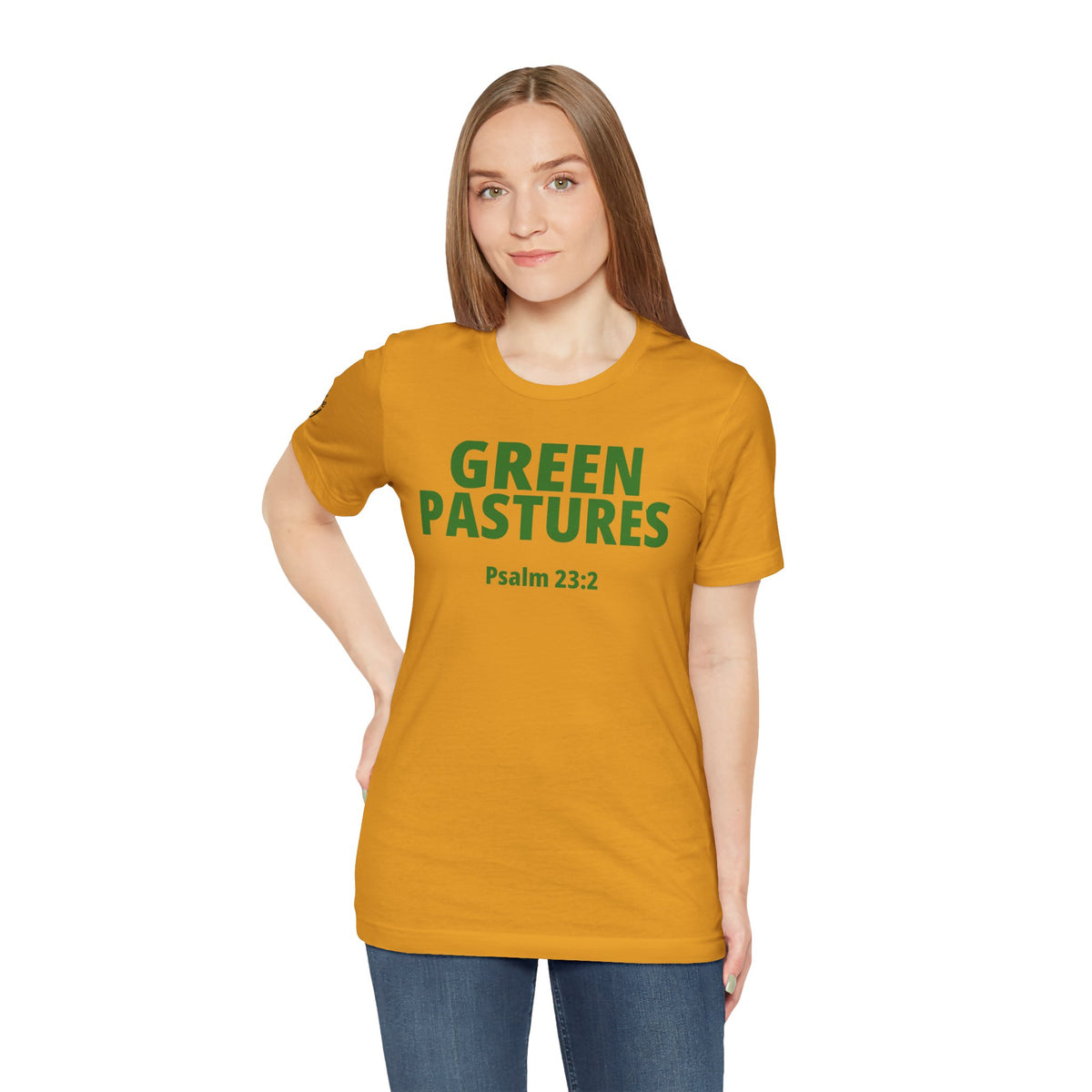 "Green Pastures" Psalm 23:2 Tee — Christian Faith Inspirational T-Shirt (Bella+Canvas 3001)