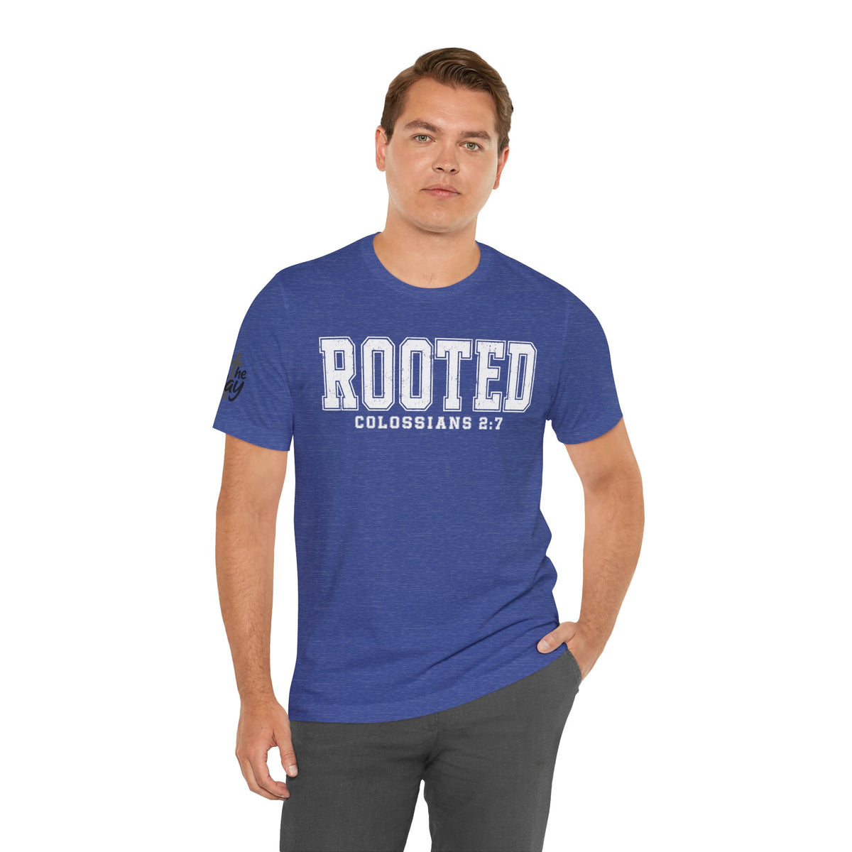 "Rooted" Colossians 2:7 Tee — Christian Faith Inspirational T-Shirt (Bella+Canvas 3001)
