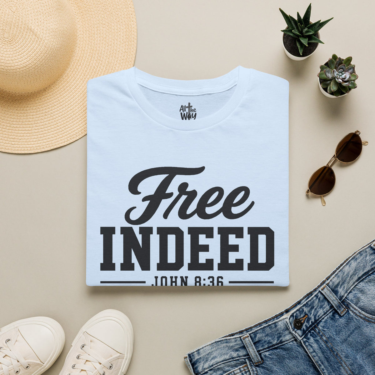 "Free Indeed" John 8:36 T-Shirt — Christian Faith Tee (Gildan 64000)