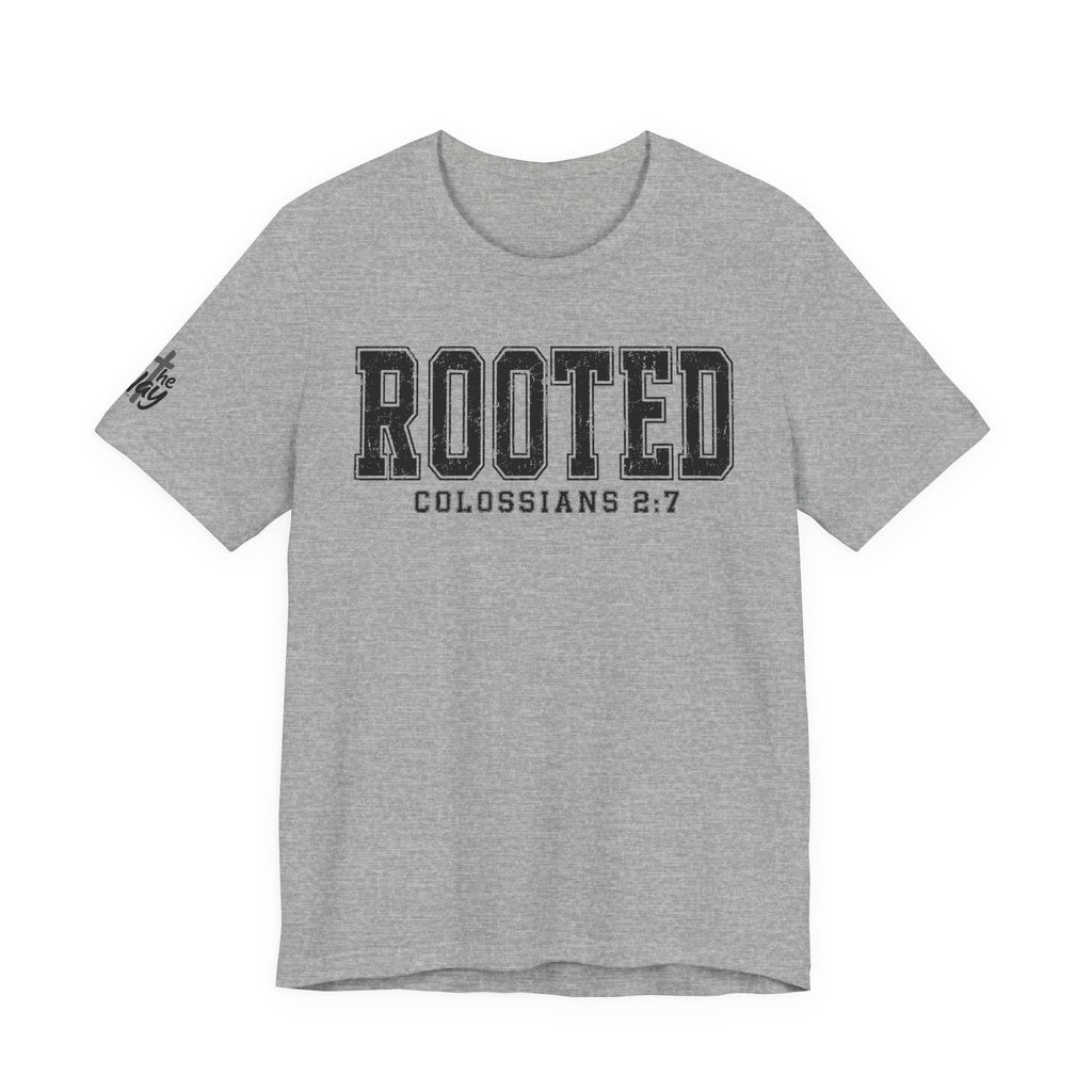 "Rooted" Colossians 2:7 Tee — Christian Faith Inspirational T-Shirt (Bella+Canvas 3001)