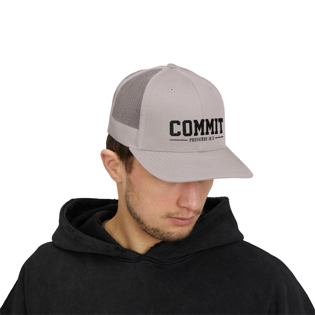 Snapback Trucker Cap — "COMMIT" Proverbs 16:3 Embroidered Christian Hat