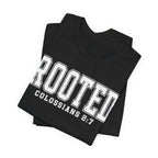 "Rooted" Colossians 2:7 Tee — Christian Faith Inspirational T-Shirt (Bella+Canvas 3001)