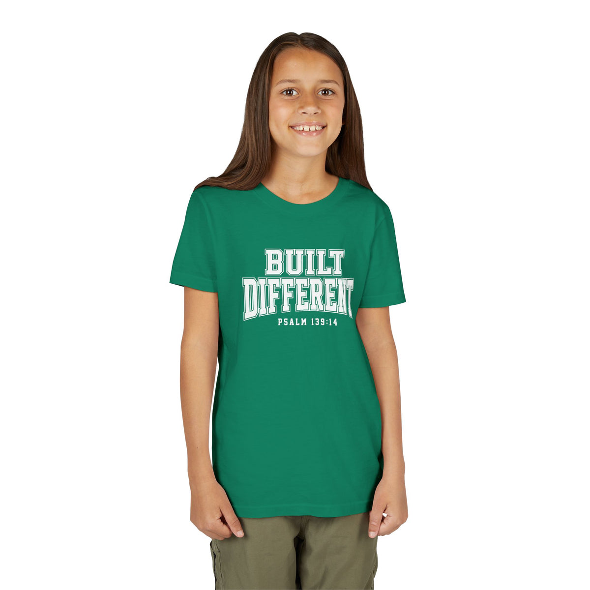 Youth Tee — "Built Different" Psalm 139:14 Christian Kids Shirt (Bella Canvas 3001y)