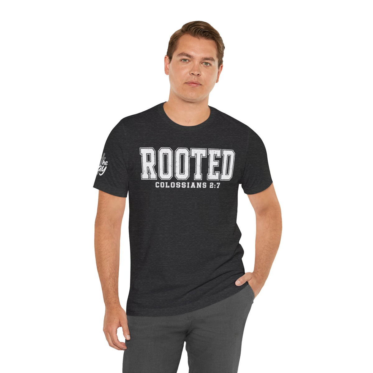 "Rooted" Colossians 2:7 Tee — Christian Faith Inspirational T-Shirt (Bella+Canvas 3001)
