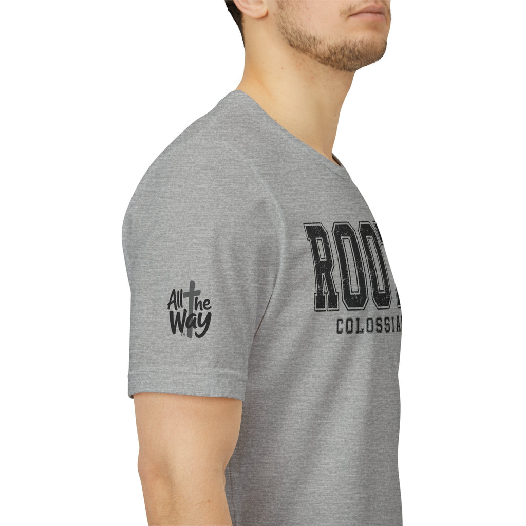 "Rooted" Colossians 2:7 Tee — Christian Faith Inspirational T-Shirt (Bella+Canvas 3001)