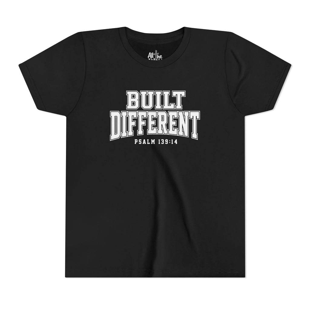 Youth Tee — "Built Different" Psalm 139:14 Christian Kids Shirt (Bella Canvas 3001y)