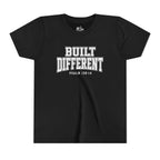 Youth Tee — "Built Different" Psalm 139:14 Christian Kids Shirt (Bella Canvas 3001y)
