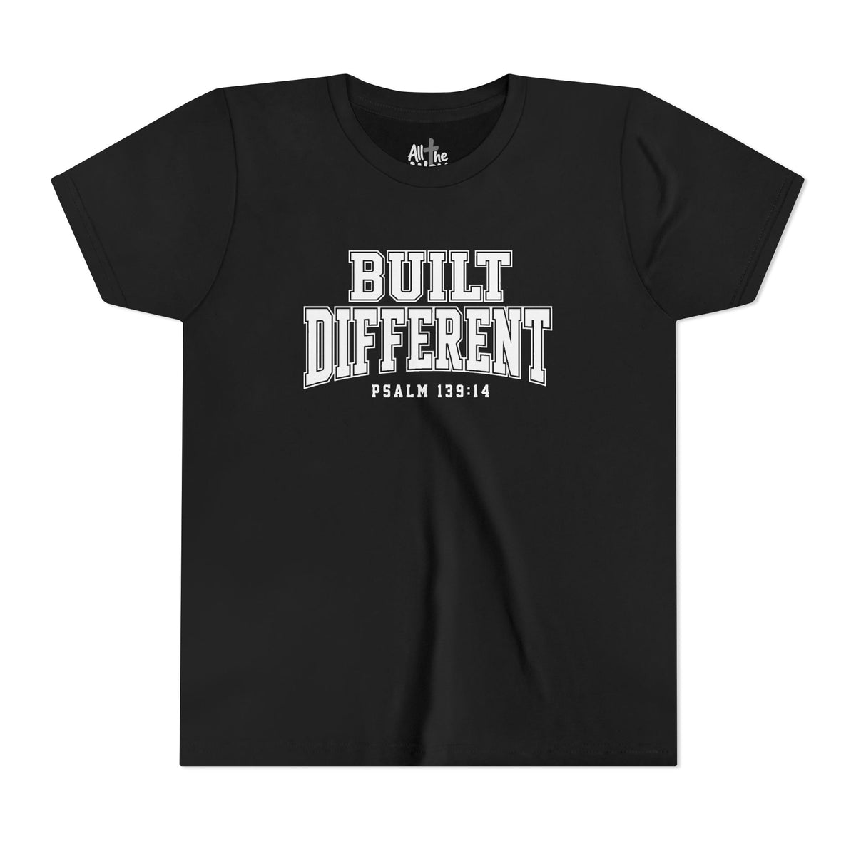 Youth Tee — "Built Different" Psalm 139:14 Christian Kids Shirt (Bella Canvas 3001y)