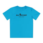 Youth "All the way" Matthew 10:38-39  Christian Motivational Shirt (Sport Tek) Black letters