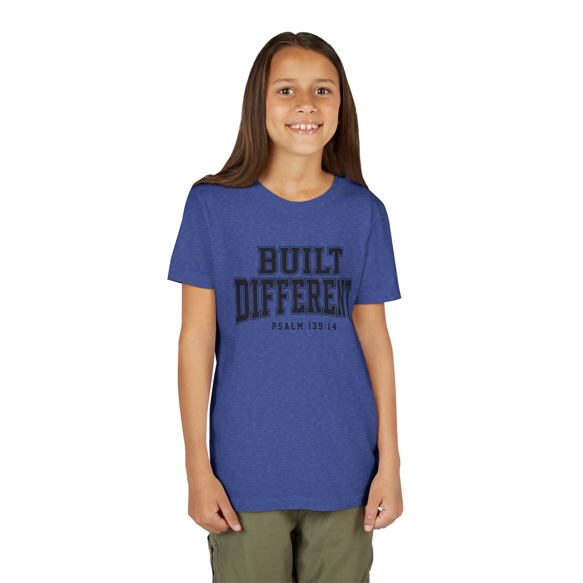Youth Tee — "Built Different" Psalm 139:14 Christian Kids Shirt (Bella Canvas 3001y)