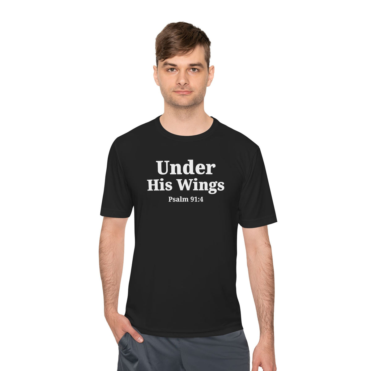 Moisture Wicking Tee "Under his Wings" Psalm 91:4 (Sport tek)