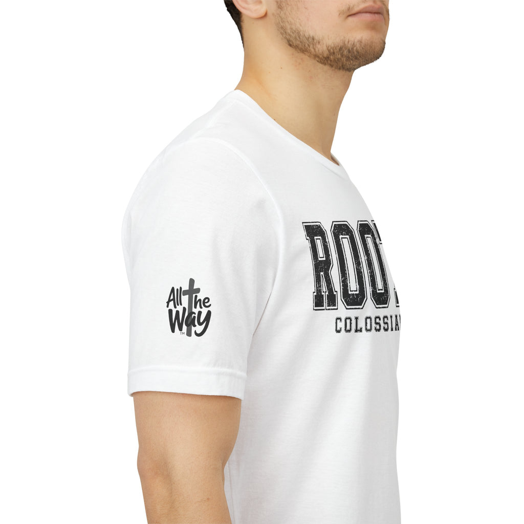"Rooted" Colossians 2:7 Tee — Christian Faith Inspirational T-Shirt (Bella+Canvas 3001)