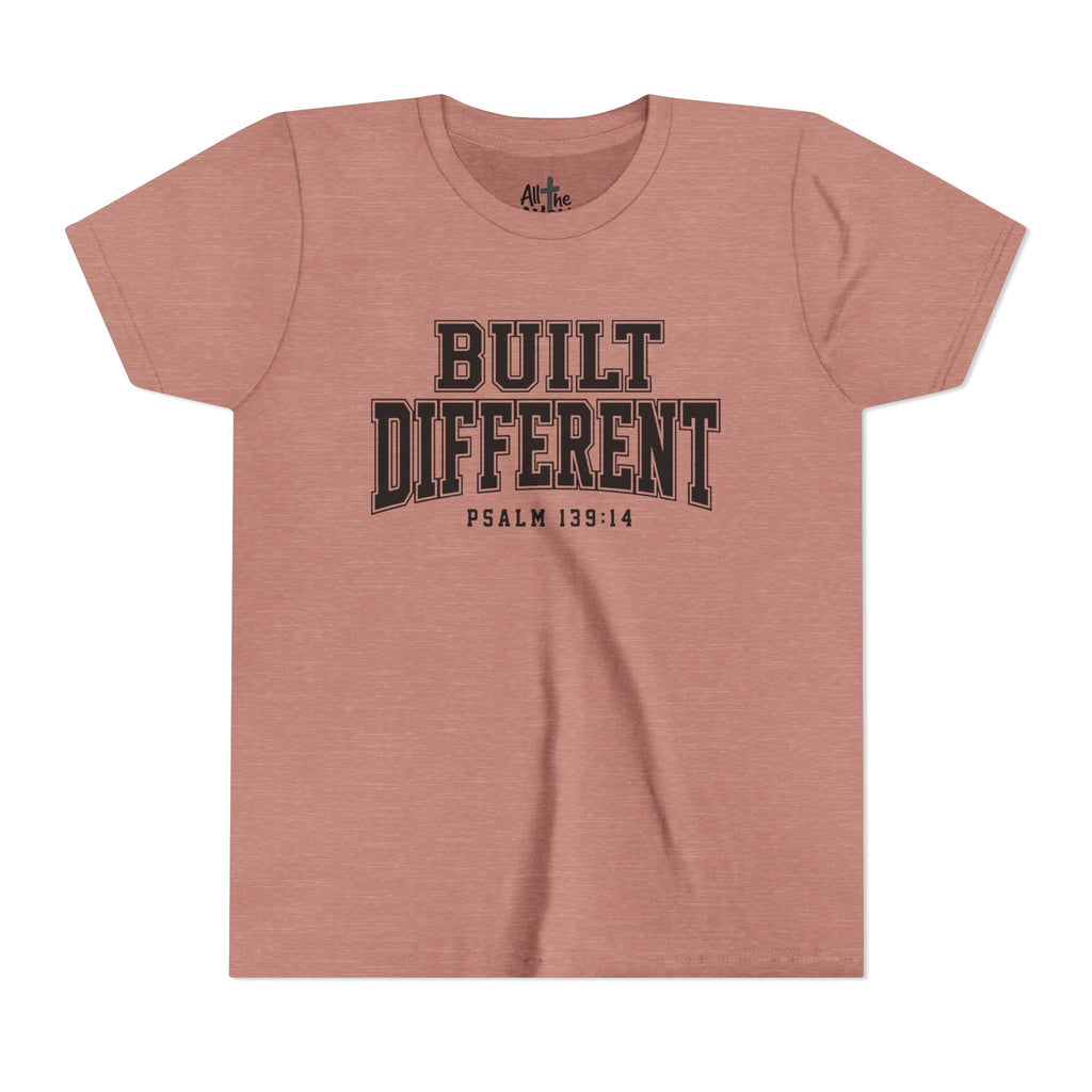 Youth Tee — "Built Different" Psalm 139:14 Christian Kids Shirt (Bella Canvas 3001y)