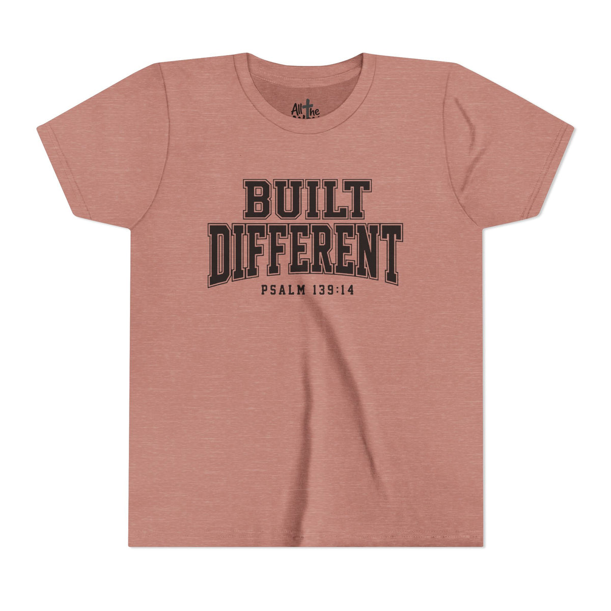 Youth Tee — "Built Different" Psalm 139:14 Christian Kids Shirt (Bella Canvas 3001y)
