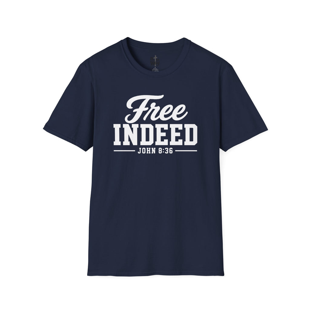 "Free Indeed" John 8:36 T-Shirt — Christian Faith Tee (Gildan 64000)