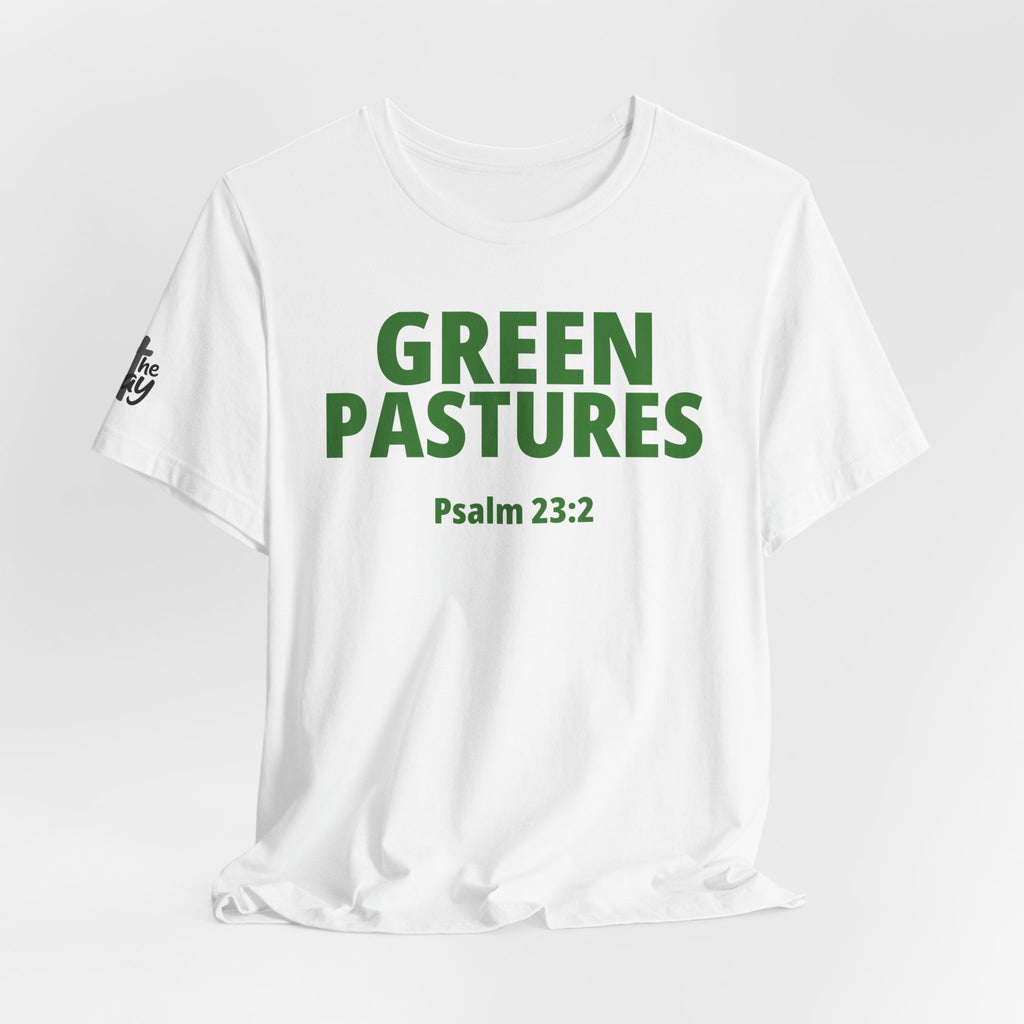 "Green Pastures" Psalm 23:2 Tee — Christian Faith Inspirational T-Shirt (Bella+Canvas 3001)