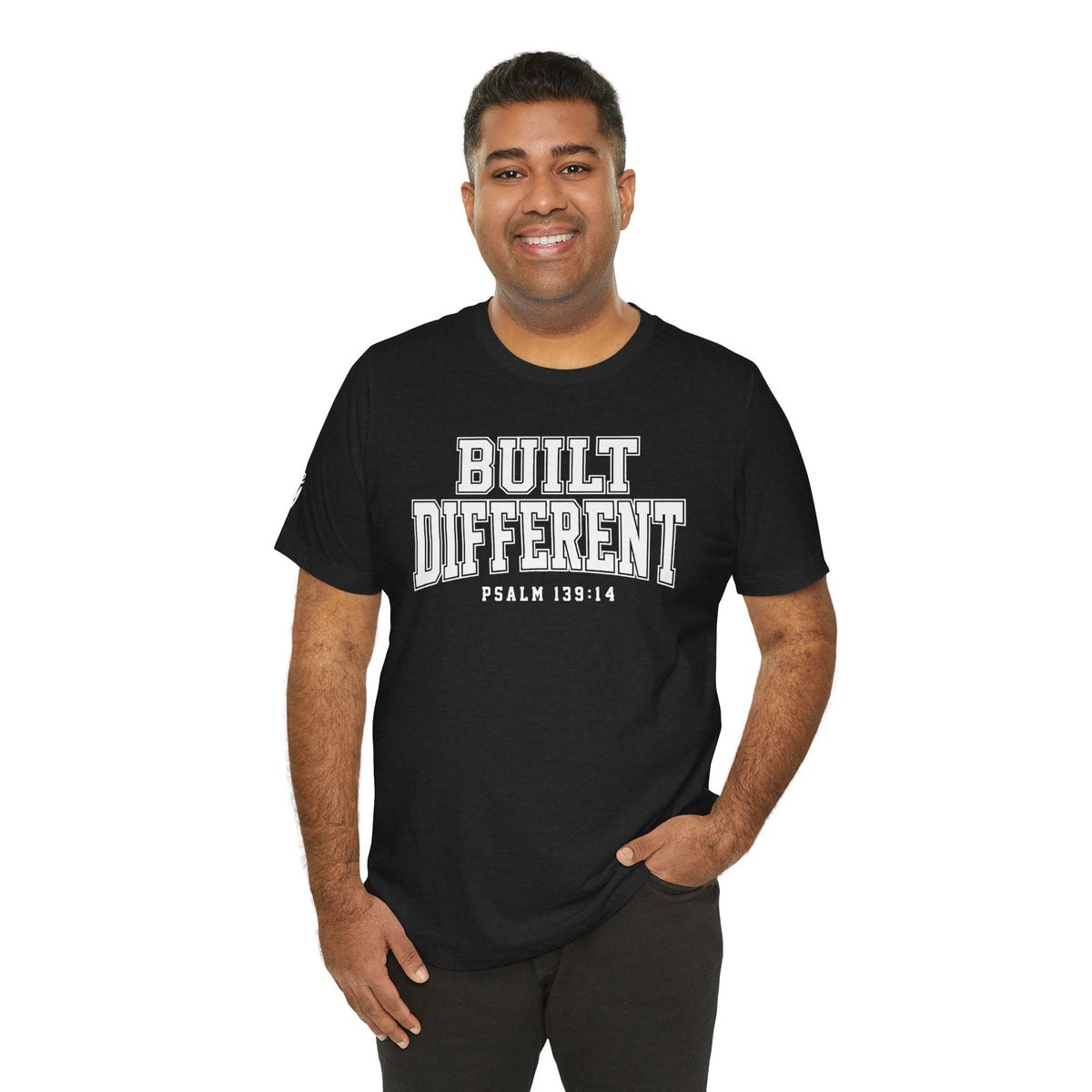 "Built Different" Psalm 139:14 Tee — Christian Faith Inspirational T-Shirt (Bella+Canvas 3001)