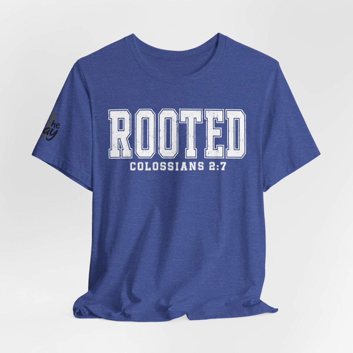 "Rooted" Colossians 2:7 Tee — Christian Faith Inspirational T-Shirt (Bella+Canvas 3001)