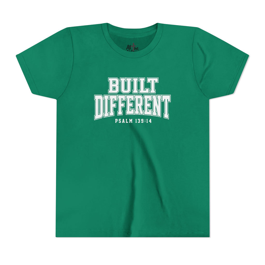 Youth Tee — "Built Different" Psalm 139:14 Christian Kids Shirt (Bella Canvas 3001y)