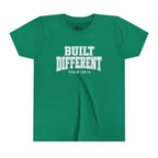 Youth Tee — "Built Different" Psalm 139:14 Christian Kids Shirt (Bella Canvas 3001y)