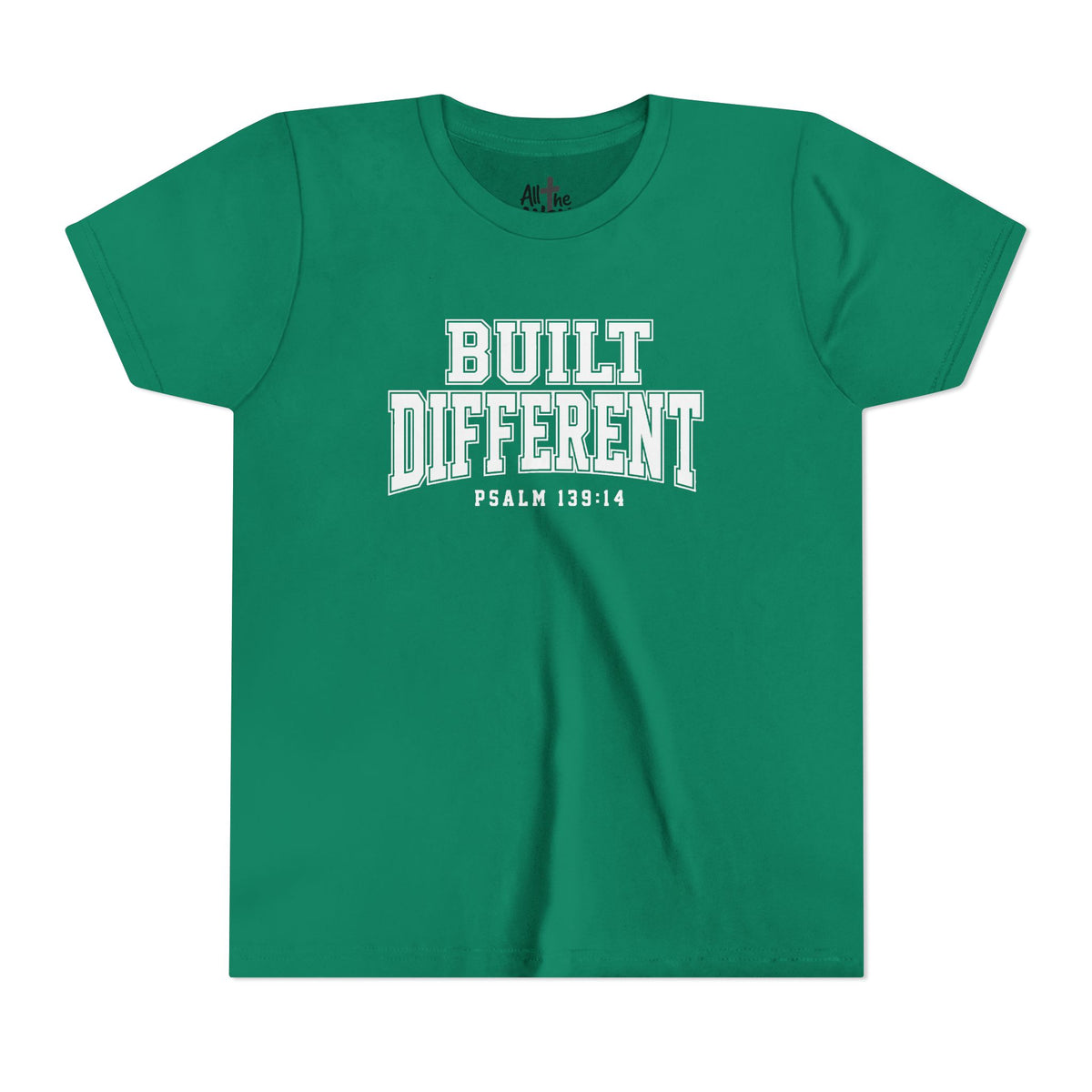 Youth Tee — "Built Different" Psalm 139:14 Christian Kids Shirt (Bella Canvas 3001y)