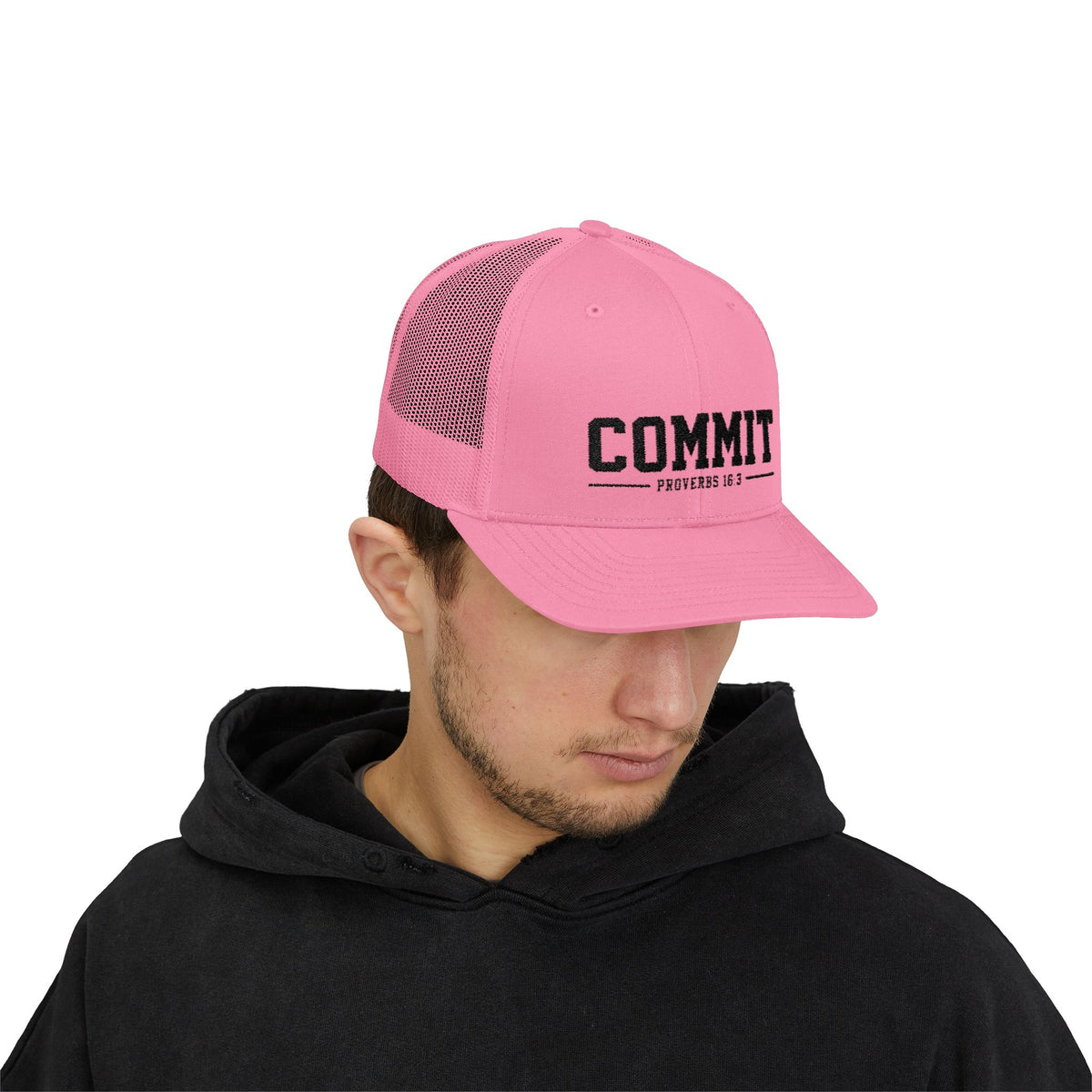 Snapback Trucker Cap — "COMMIT" Proverbs 16:3 Embroidered Christian Hat