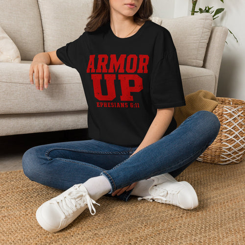 "Armor Up" Ephesians 6:11 T-Shirt — (Gildan 64000) Red Letters