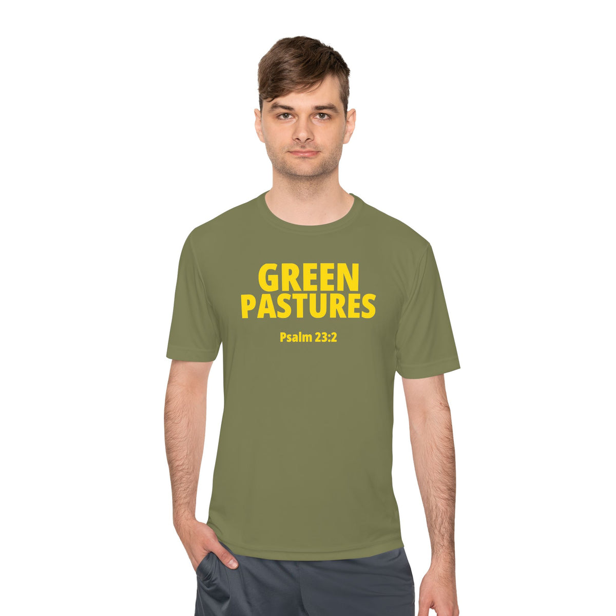 Moisture Wicking Tee "Green Pastures" Psalms 23:2 (Sport Tek)