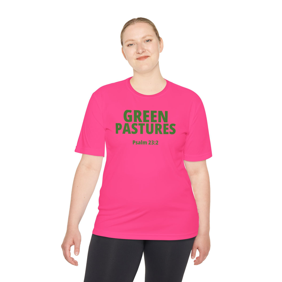 Moisture Wicking Tee "Green Pastures" Psalms 23:2 (Sport Tek)