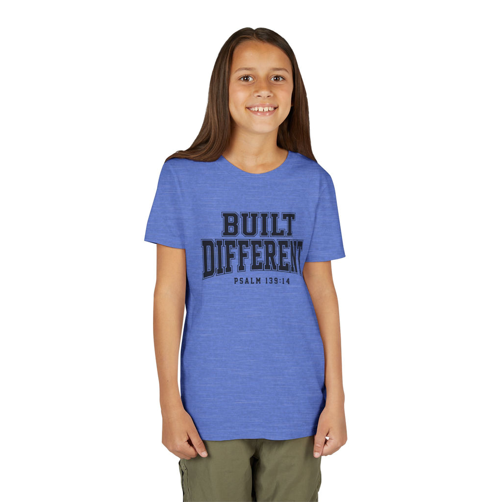 Youth Tee — "Built Different" Psalm 139:14 Christian Kids Shirt (Bella Canvas 3001y)
