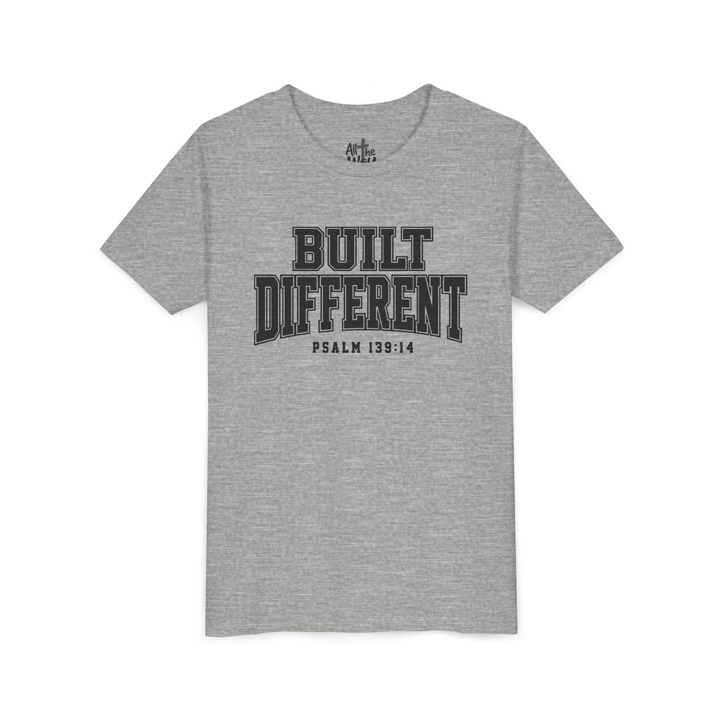 Youth Tee — "Built Different" Psalm 139:14 Christian Kids Shirt (Bella Canvas 3001y)