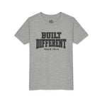 Youth Tee — "Built Different" Psalm 139:14 Christian Kids Shirt (Bella Canvas 3001y)