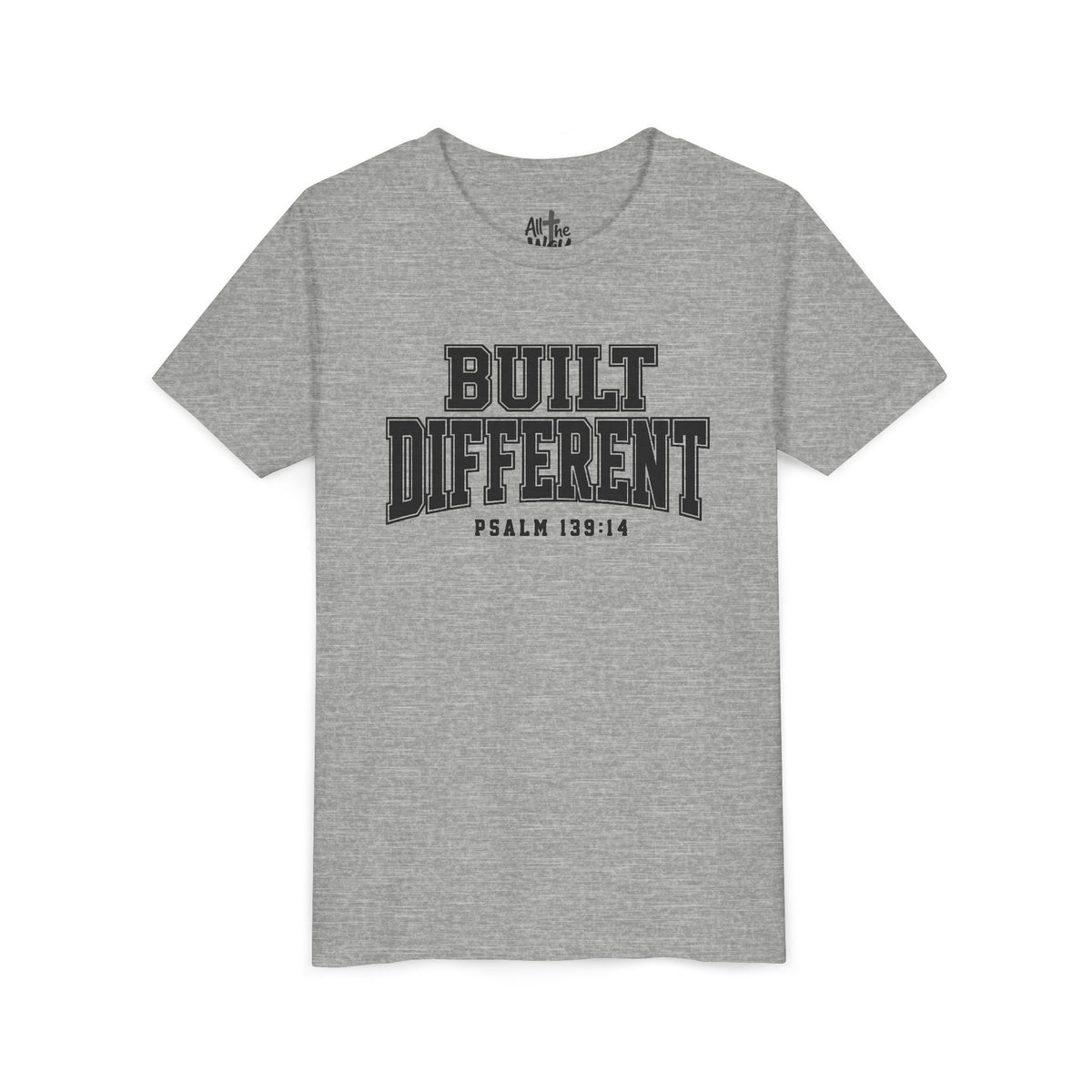 Youth Tee — "Built Different" Psalm 139:14 Christian Kids Shirt (Bella Canvas 3001y)