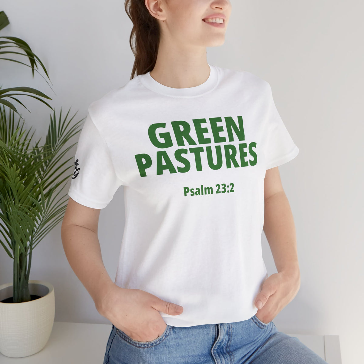 "Green Pastures" Psalm 23:2 Tee — Christian Faith Inspirational T-Shirt (Bella+Canvas 3001)