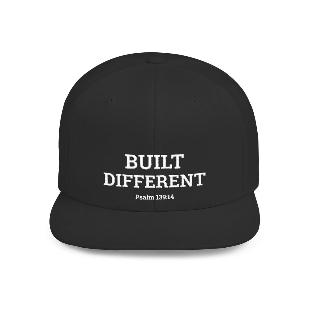 Snapback Hat — "Built Different" Psalm 139:14 Embroidered Flat-Bill Cap