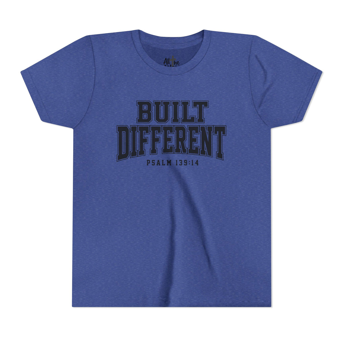 Youth Tee — "Built Different" Psalm 139:14 Christian Kids Shirt (Bella Canvas 3001y)