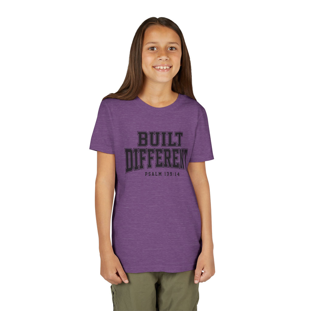 Youth Tee — "Built Different" Psalm 139:14 Christian Kids Shirt (Bella Canvas 3001y)