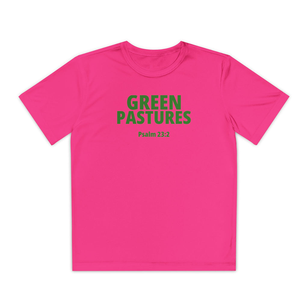 Youth "Green Pastures" Psalms 23:2 Tee — Christian Motivational Shirt  (Sport Tek)