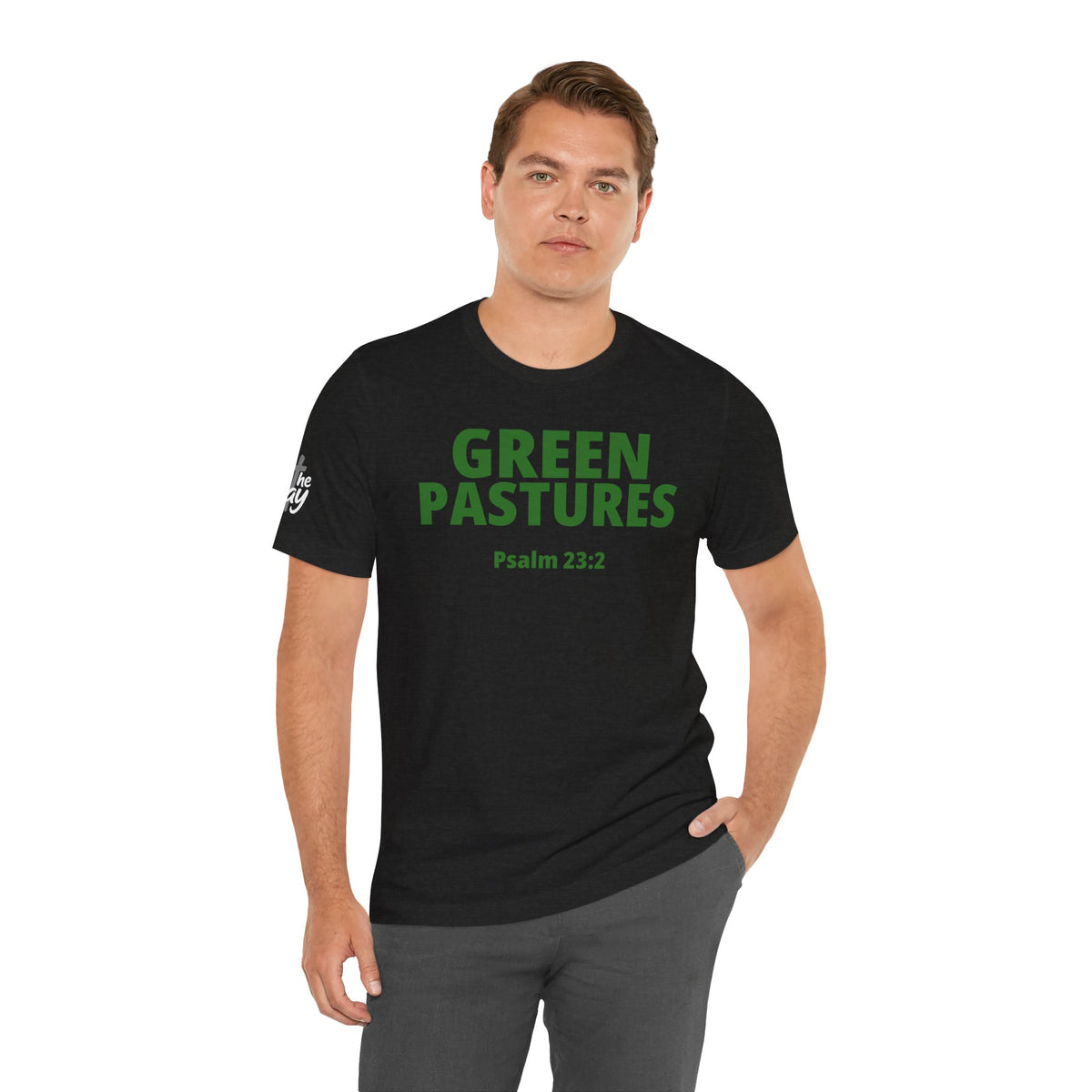 "Green Pastures" Psalm 23:2 Tee — Christian Faith Inspirational T-Shirt (Bella+Canvas 3001)