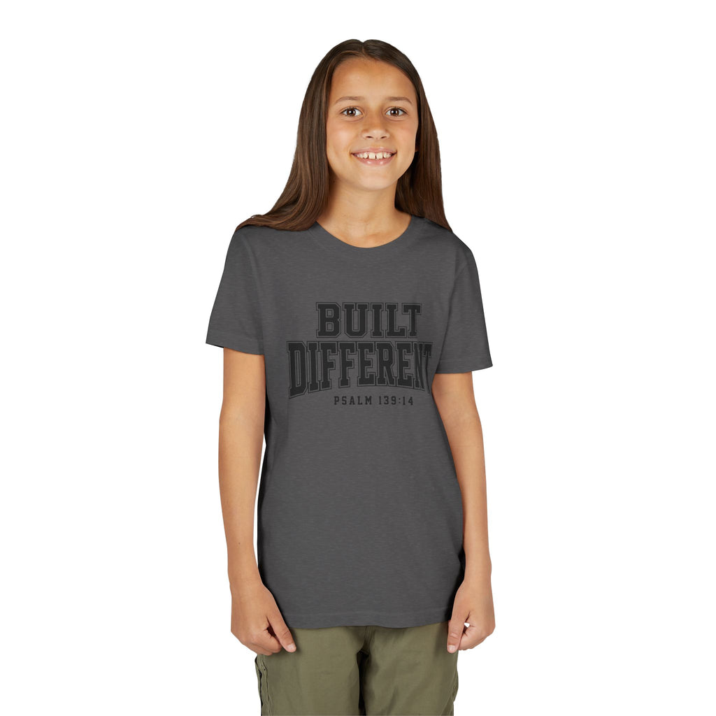 Youth Tee — "Built Different" Psalm 139:14 Christian Kids Shirt (Bella Canvas 3001y)