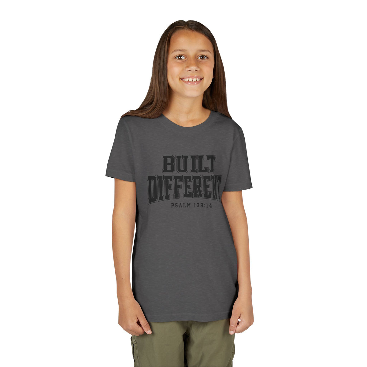 Youth Tee — "Built Different" Psalm 139:14 Christian Kids Shirt (Bella Canvas 3001y)