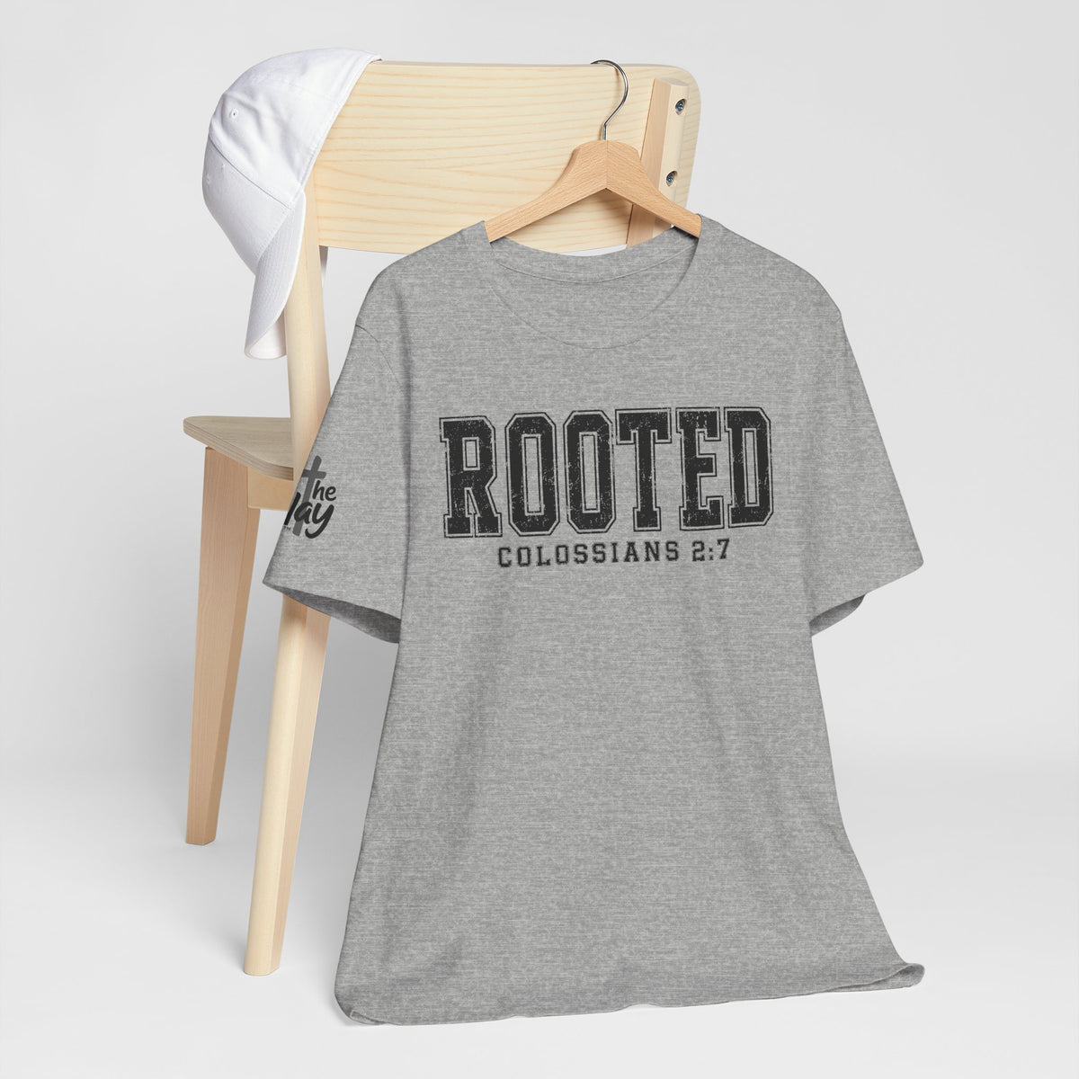 "Rooted" Colossians 2:7 Tee — Christian Faith Inspirational T-Shirt (Bella+Canvas 3001)