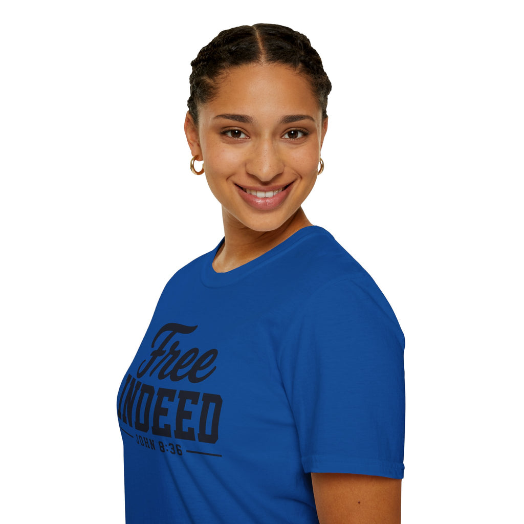 "Free Indeed" John 8:36 T-Shirt — Christian Faith Tee (Gildan 64000)