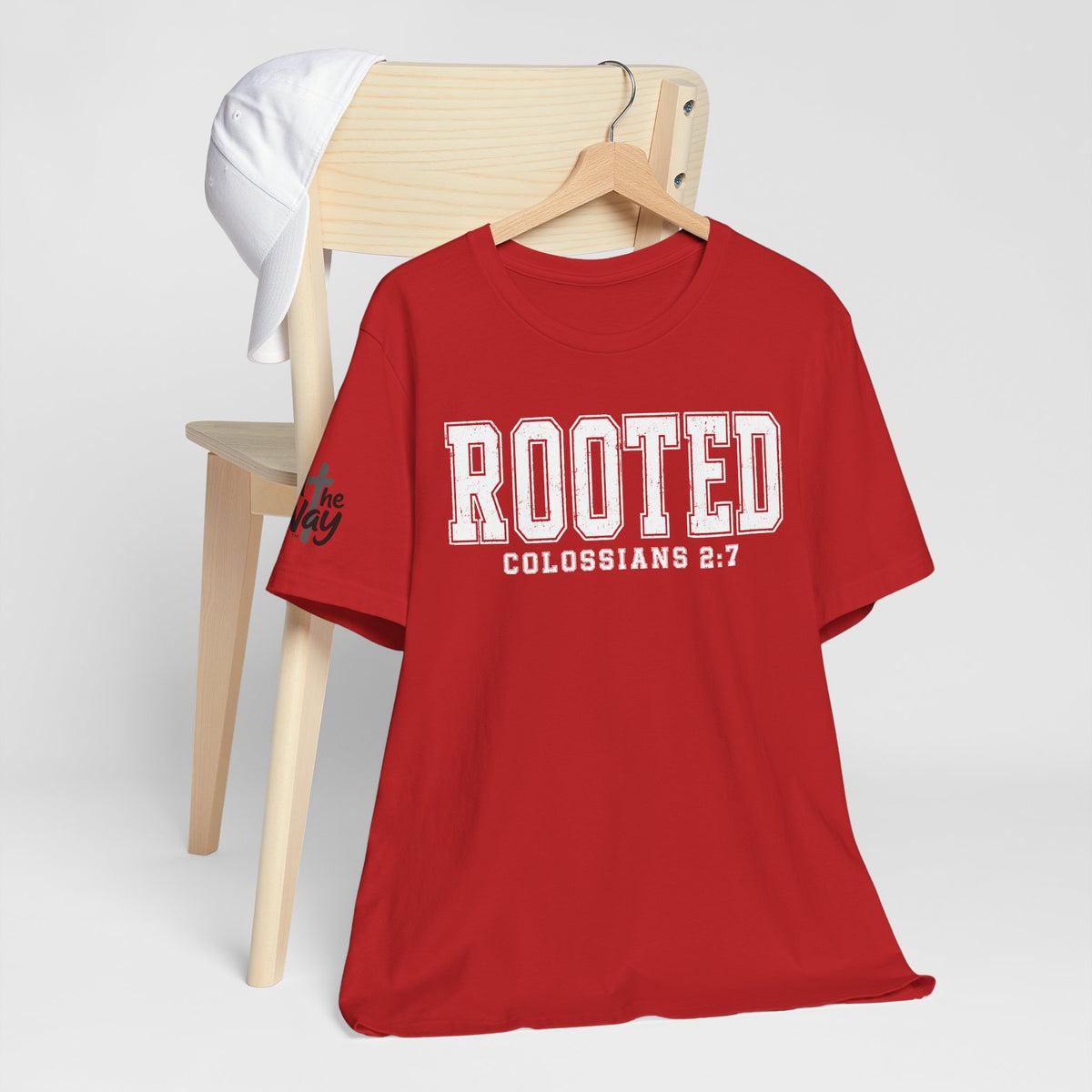 "Rooted" Colossians 2:7 Tee — Christian Faith Inspirational T-Shirt (Bella+Canvas 3001)